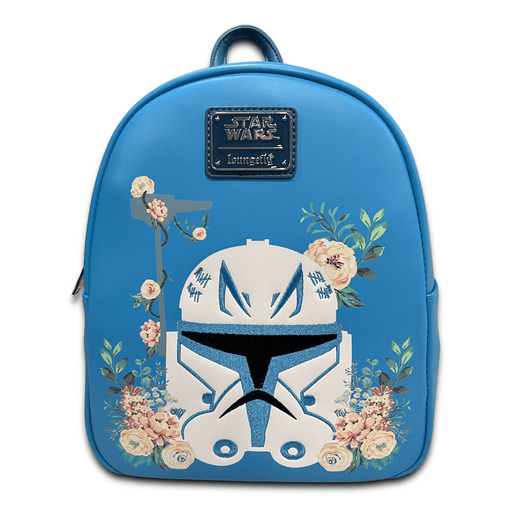 Blue backpack with Captain Rex's helmet on the front surrounded by floral details